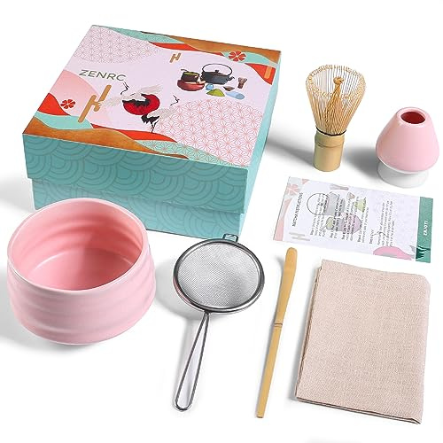 ZENRC Zeremonie-Matcha-Set – traditioneller Matcha-Schneebesen (Chasen) aus Bambus (Chashaku), Chawan-Schüssel mit Ausgießer, Schneebesenhalter, Sieb, Teetablett, das perfekte Matcha-Set (6er-Set