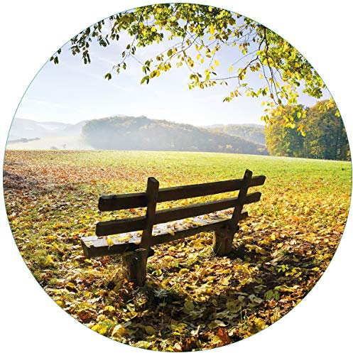 Wallario Glasbild rund Idyllische Holzbank in den Bergen - Rund, 50 cm Durchmesser Wandbild Glas in Premium-Qualität: Brillante Farben, freischwebende Optik