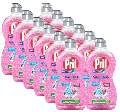 PRIL Kraft Gel Power & Perlen (12 x 450 ml), Detergente para lavavajillas a mano con alto poder desengrasante, para vajilla limpia con brillo brillante y frescura