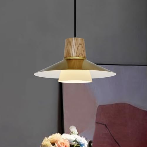 ouglres Pendelleuchte 1 Flammig Gold,Hängeleuchte Esstisch Vintage,Industrial Metall,Glas Lampenschirm,Modern Holz Hängelampe E27 für Esszimmer,Küche,Wohnzimmer,Schlafzimmer,ø28cm,Höhenverstellbar