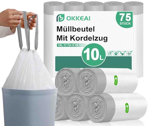 OKKEAI Müllbeutel 10L mit Zugband Mülltüten Kleine Müllsäcke,75 Stück Weiß Abfallbeutel