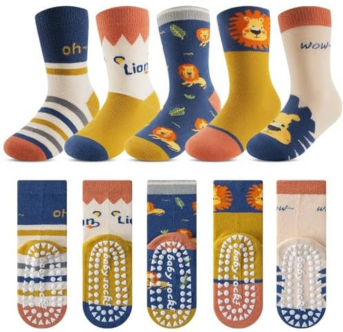 Kyopp 5 Paar Stoppersocken Kinder Baumwolle Socken Jungen Mädchen ABS Anti Rutsch Socken, ABS lejonunge, 25-28