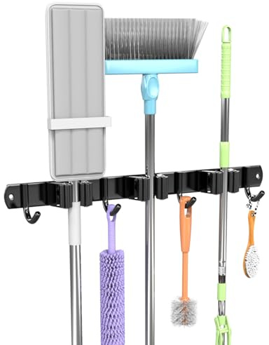 3-H Cuelga Escobas Pared 34cm, Soporte Escobas Pared 304 Acero Inoxidable Colgador Escobas y Fregonas Sin Perforar para Restaurante, Cocina, Baño, Garaje
