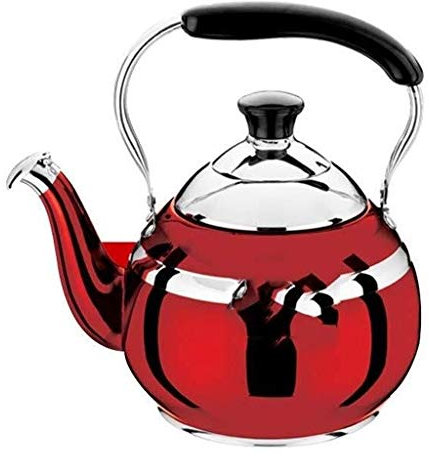 Bouilloire à gaz sifflante en acier inoxydable poli miroir avec bec verseur rétro traditionnel pour cuisinière, thé, café, eau, rouge || 4 L