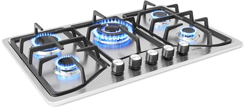 IsEasy Plaque Gaz 5 Feux Inox, Plaque de Cuisson Gaz 5 Feux Encastrable, Table Gazs 5 Foyer, Gazs Ville et Bouteille