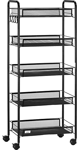 HOMCOM Servierwagen mit 3 Ebenen Küchenwagen mit abnehmbar Korb Haken Griff Rollwagen mit Allzweckwagen Küchenregal mit Rollen für Küche Büro Badezimmer, Stahl, Schwarz