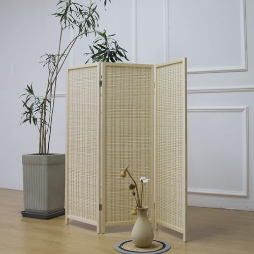 Furnnylane 3 Panel Bamboo Room Divider Short Folding Screen Divider,Double Sided Bamboo Divider Screen for Room Separation,Beige,120 cm H x 117 cm W