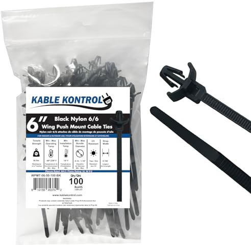 Kable Kontrol Black Winged Push Mount Cable Ties, 130 mm x 4.8 mm, Pack of 100, 6 Nylon Zip Ties, UV & Chemical Resistant Tie Wraps, Secure Self-Locking Mechanism, for Automotive & Industrial Use