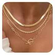 CHESKY 14K Gold Plated Layered Herringbone Necklaces for Women, Trendy Chain Necklace Snake Rope Link Chains Simple Chunky Toggle Clasp Necklace Set Fashion Jewelry