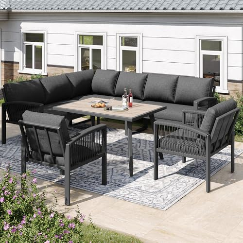 MURUL Garten-Lounge-Set, Möbelset für 8 Personen, Seilwerk, großer Tisch mit Holzmaserung, alle Sitz- und Rückenkissen inklusive, mit verzinktem Eisengestell, verstellbare Beine, grau