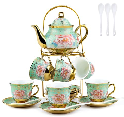 20Pcs Porcelain Tea Set for Adults, European Ceramic Tea Set Flower Ceramic Tea Cups (5.4oz), Teapot (23.67oz), & Saucers with Metal Holder for Women Tea Party (Green)