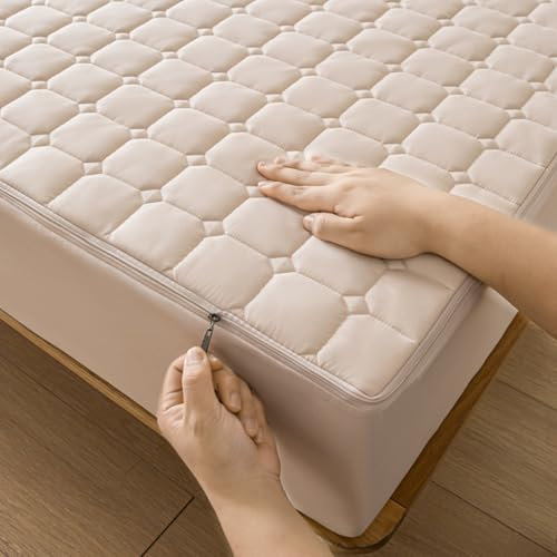 Coprimaterasso imbottito con cerniera matrimoniale lenzuolo con angoli con protezione totale a 360° coprimaterasso lavabile antipolvere piccolo matrimoniale/singolo/king coprimaterasso beige (180 x