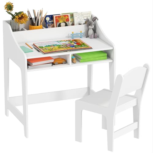 Qaba Kids Desk and Chair Set, Study Desk for Children with Storage and Shelves, Wooden Children Writing Table for Bedroom, White