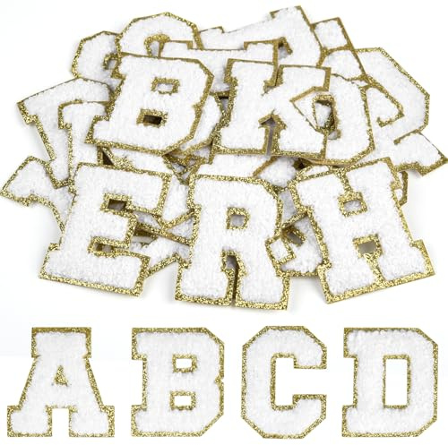 CHRORINE 26/52/104 Stück Selbstklebende Chenille Buchstabenflicken A-Z, Kann auch Nähen oder Bügeln, Bestickte Alphabet Patch Aufkleber für DIY Kleidung, Taschen, Hüte (26, Weiß, Höhe 2,16″)