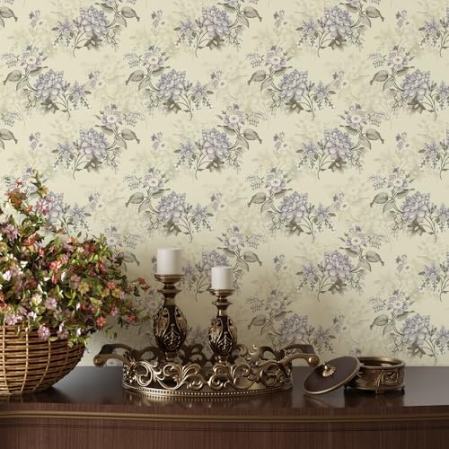 VaryPaper Blumentapete Hellviolett Vintage Tapete Selbstklebend Beige 44.5cmx200cm Klebefolie Möbel Blumen Möbelfolie Muster Fototapete Wohnzimmer Schlafzimmer Tapete Hinterm Bett Schrankfolie Regal