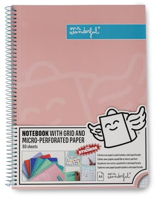 Mr. Wonderful - Libreta A4 Rosa - Hojas de Cuadrícula y Microperforadas - 80 páginas - Tapa Extradura - Encuadrenación en Espiral - Incluye pegatinas