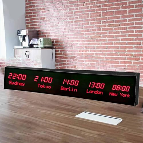 MhWrughts Orologio con fusi orari mondiali, Orologio Digitale a LED a Colori con fusi orari Multipli, Orologio da Parete con 3/4/5 Città, con Telecomando, per Hotel/aziende/aeroporti,1-allred-5City