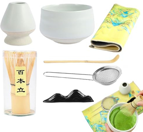 Ensemble de thé japonais, 7 pièces portable avec bol à, fouet en céramique et accessoires, ensemble complet d'outils traditionnels en poudre pour cérémonie et préparation du thé