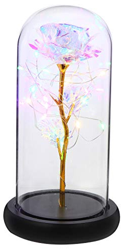 GLEAVI Rose Artificielle sous Cloche Lumineuse avec Lampe à Lumière Douce Décoration Romantique pour Saint Valentin Fleur Éternelle Verre Translucide