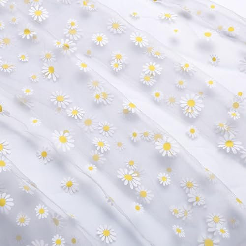Vayliro 2m x 150cm Gänseblümchen Blumen Print Stoff Tüllstoff Weich Netzgewebe Meterware Tülldekoration Dekostoff für DIY Nähen Handwerk Haarschmuck Tutu Hochzeitskleid Heimdekoration,Grau