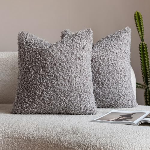 Neelvin 2er Set Dekorative Kissenbezug Teddy Wolle Künstlich Pelz Kissenbezüge Weiche Plüschkissen Kissenhülle Bouclé Zierkissenbezüge Sofakissen für Sofa Schlafzimmer Wohnzimmer 50x50cm Hellgrau