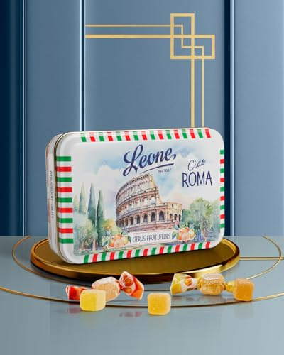 Leone dal 1857 - Caramelle Leone Latta Gelée - Caramelle Morbide - Caramelle Vegane e Senza Glutine - Collezione Cartoline Italiane - Gusto Agrumi (Arancia,Limone,Mandarino) - Roma - 200g