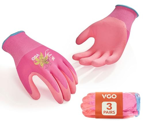 Vgo... 3 Pares Guantes de Jardinería Mujer Revestidos de Látex Antideslizante, Transpirables, para Exteriores, Construcción, Bricolaje, Lavables a Máquina, Ajuste Flexible (RB6013-FM,Rosa,M,3 pares)