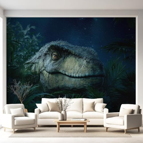 Genérico Papel pintado decorativo Dinosaurio Selva Noche, fotomural de tejido no tejido para pasillo dormitorio u oficina, deco Realista, 200 x 140 cm, acabado mate, impresión nítida, estilo interior