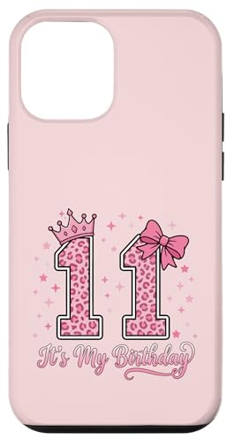 Custodia per iPhone 12 mini Corona con fiocco leopardato rosa per 11° compleanno, per bambina di 11 anni