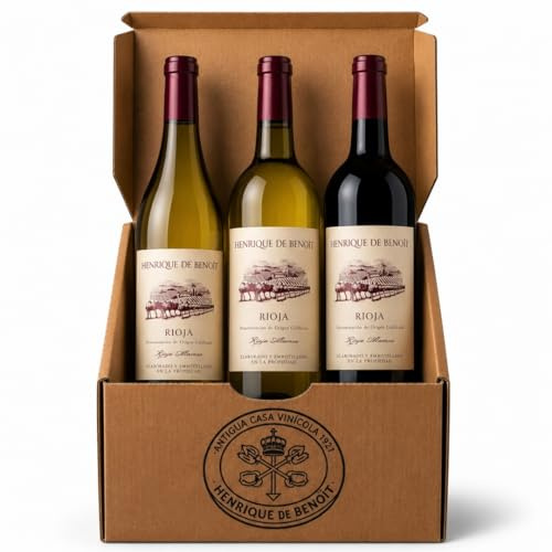Henrique de Benoît® Pack Gourmet 3 Botellas Vino Rioja D.O.Ca | 2 Blancos Premium y 1 Tinto Crianza Reserva de Parcela | Regalo Elegante Gourmet, Empresas y Celebraciones | Pack Coleccion Rioja