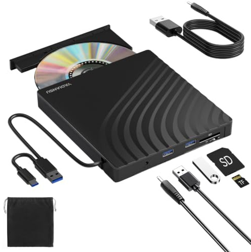 External CD DVD Drive, 7-in-1 USB 3.0 CD/DVD Drive Burner with 2 USB and 2 TF/SD Card Ports, Portable DVD CD+/-RW Player Reader Writer Recorder for Laptop, Desktop, Mac, Windows 11/10/8/7, Linux