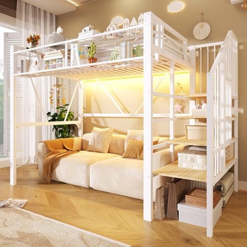 Letenbin Lit Mezzanine 1 Place avec Éclairage LED, Lit mi Hauteur avec bibliothèque et Étagères Ouvertes, Escalier avec rangements, barrières de sécurité, Cadre Robuste Acier, 90 x 200 cm, Blanc-F