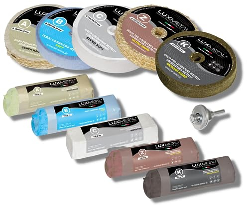 Lux Metal - Kit de Pulido 5 pastas de Pulido abrasivas 250 g 5 Discos de Pulido 100 mm en algodón muelas abrasivas para pulir Metales de Acero Inoxidable Pulido de Aluminio latón Cromo Fieltro Cobre