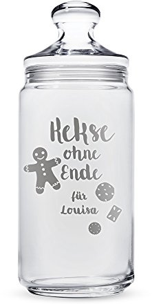 Casa Vivente Keksglas mit Gravur, Kekse ohne Ende, Personalisiert mit Namen, Aufbewahrungsglas mit Deckel, Vorratsglas für Süßigkeiten mit fröhlichem Lebkuchenmann, Geschenk-Idee zu Weihnachten