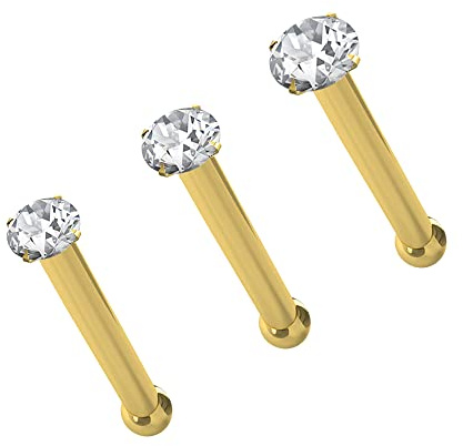 Monster Piercing | 9K Gold Echtgold | 3 Stück | Nasenpiercing Nasenstecker Stud | Stabstärke: 22G (0,6 mm) | Stablänge: 6mm | Steingröße: 1,5MM bis 2,5MM | Hypoallergen