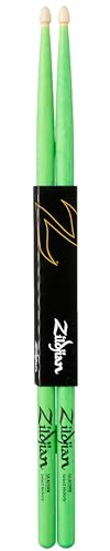 Zildjian 5A Hickory Drumsticks - Wood Acorn Tip - Neon Green