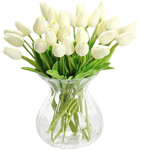 JYOHEY Künstliche Tulpen, künstliche Tulpen, echte Haptik, für Haus, Garten, Hochzeit, Party, Kommunion, 12 Stück, Weiß/Gelb