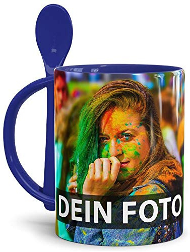 Tasse selbst individuell gestalten/Personalisierbar mit eigenem Foto bedrucken/Fototasse/Motivtasse/Werbetasse/Firmentasse mit Logo/Löffeltasse Klassik Dunkelblau - XXL Druck