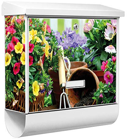 banjado® Burgwächter Briefkasten Weiß 38x39x12cm mit Motiv Gartenfreude/Briefkasten mit Zeitungsfach/Briefkasten mit Zeitungsrolle/Postkasten inkl. Montagematerial & 2 Schlüsseln
