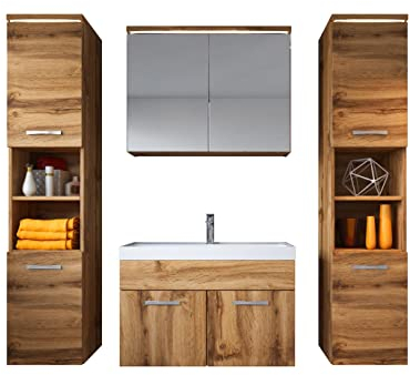 Badplaats Badmöbel Komplettset Paso XL LED 80 x 40 cm Eiche - Badezimmermöbel mit Waschbecken, Spiegelschrank und 2 Badezimmerschränke