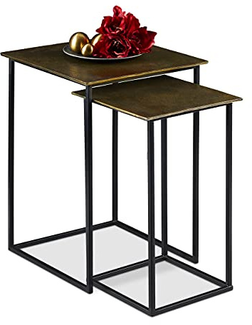 Relaxdays Satztisch 2er Set, Retro Design, eckig, Wohnzimmer, Metall, Beistelltisch, H: 50,5 und 55,5 cm, gold/schwarz