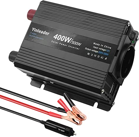 Inverter 400W 12v 220v, Power Inverter di Potenza 400W DC 12V AC 230V Invertitore di Corrente con 2 Porte USB 2.4A, Trasformatore per Auto Camper tablet phone fan Computer mini TV