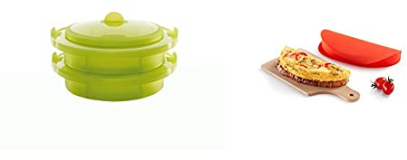 Lékué Vaporera Doble Verde 2 Niveles, Silicona, 22 Cm + Recipiente para Cocinar Tortillas Francesas En Microondas, Color Rojo