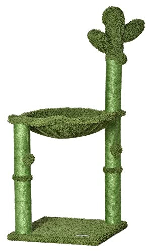 PawHut Cactus Cat Tree Tower for Indoor Cats Sisal Scratching Post with Hammock Bed Dangling Ball 40 x 40 x 96 cm