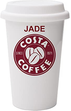Giftme Costa Coffee Personalised, Dual Wall Eco Insulated White Ceramic Travel Mug with White Lid, Reusable Keep Cup