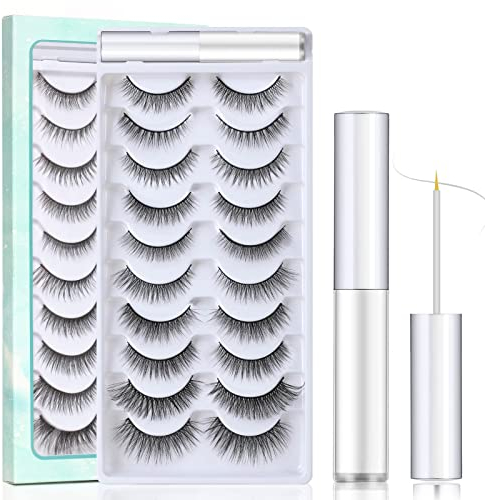 SISILILY False Eyelashes Multipack with Eyelash Glue - 10 Pairs Reusable 3D Eye Lashes Natural Handmade Black Strip False Lashes