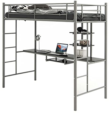 COSTWAY Metal Bunk Bed with Desk, Shelves and Safety Guardrail, 2 Ladders Loft Bed Frame, Home Bedroom Dormitory Space-Saving Single High Sleeper for Kids, Teens and Adults (Silvery Grey)