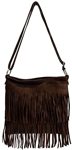 Modarno Bolso bandolera con flecos de ante - bolso bandolera mujer de ante, marrón, 32 cm