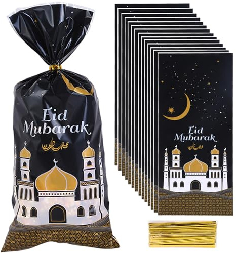 Eid Mubarak Partytüten, 100 Stück Cellophantüten, Eid Mubarak Geschenkbeutel, Zellophan Kunststoff Goodie Tasche, Geschenktüten mit 100 Gold Twist Krawatten für Eid Mubarak Party Deko