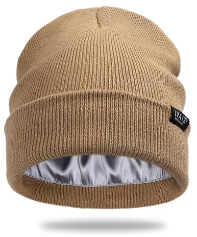 Satin fodrad vintermössa hattar för kvinnor unisex bomull stickad stickad stickad mössa med silkeslent foder slouchy skalle mössa, kaki, one size